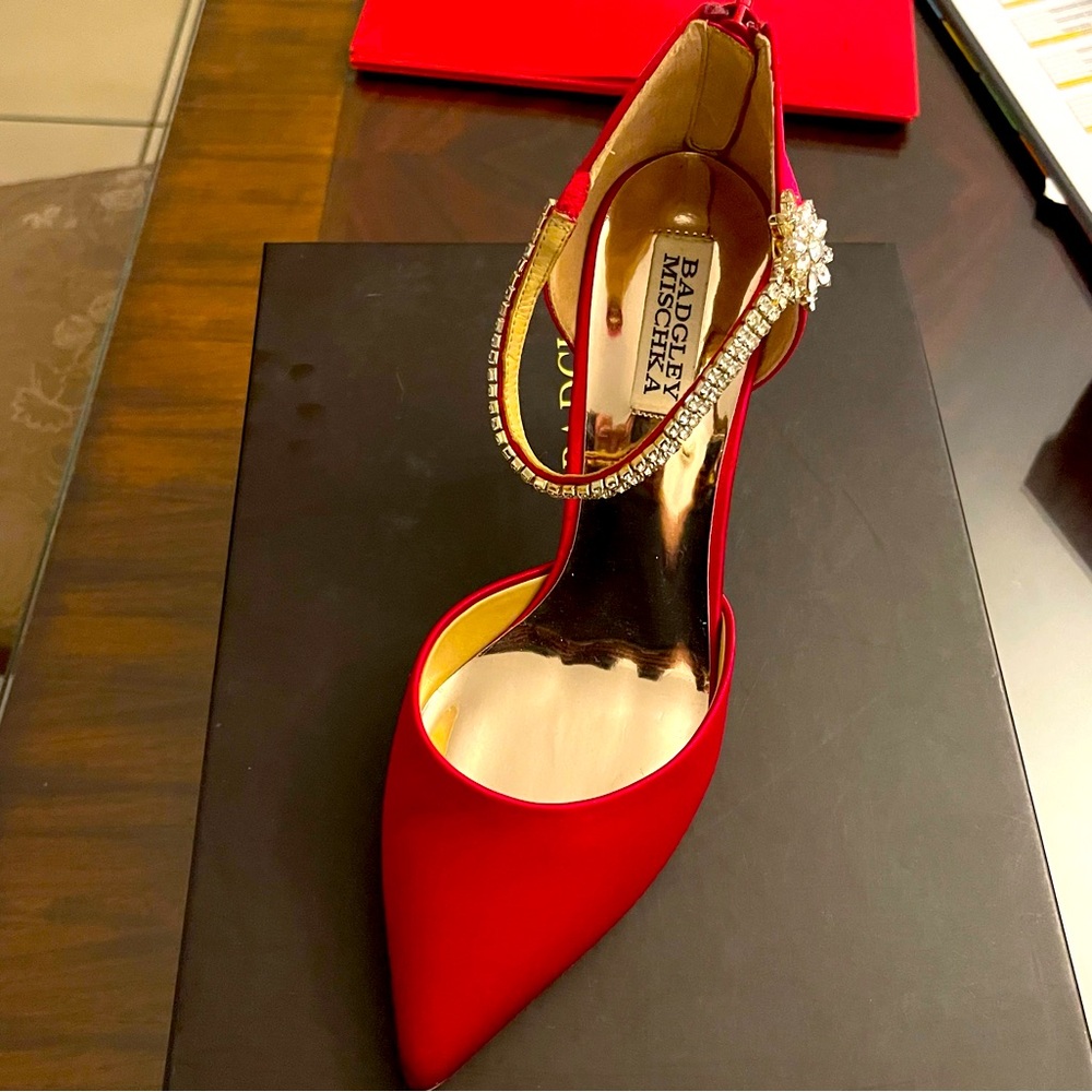 Badgley Mischka Red Satin Heels with Crystal Strap